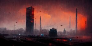 ciudad contaminada post apocalíptica de una sociedad cyberpunk